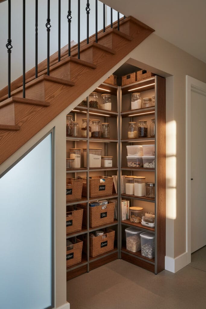 Cellier sous escalier cosy avec rangement organisé et étagères modulables