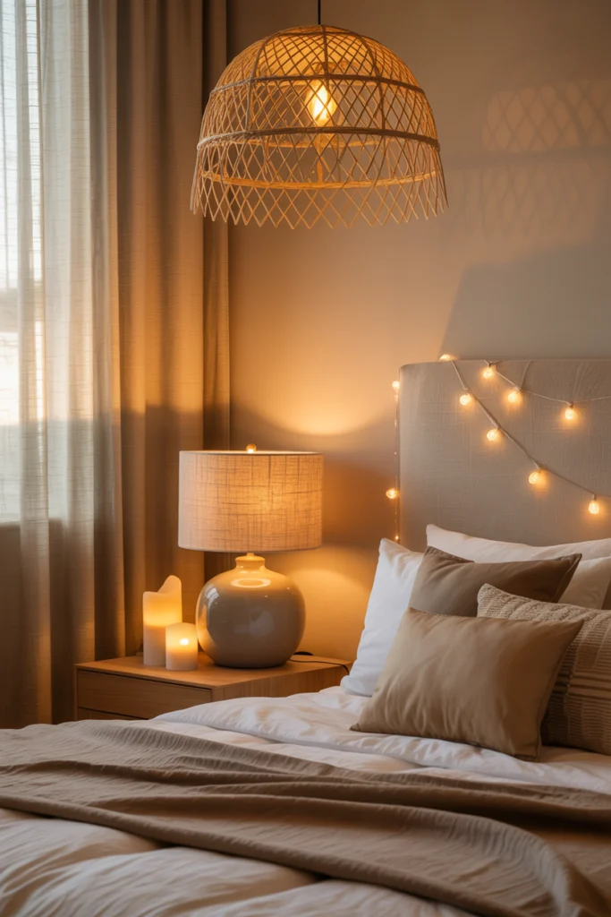 Chambre cosy bohème avec éclairage tamisé et meubles neufs : suspension en rotin, guirlandes et lampe en céramique.