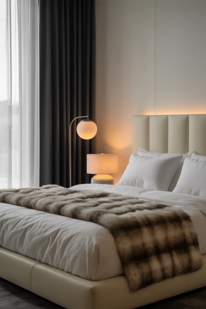 Chambre cosy moderne aux meubles neufs : éclairage indirect par bandeaux LED et lampes globes.