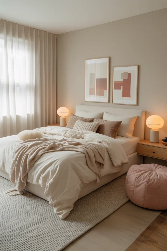 Chambre cosy scandinave aux tons neutres et textures douces pour une ambiance apaisante