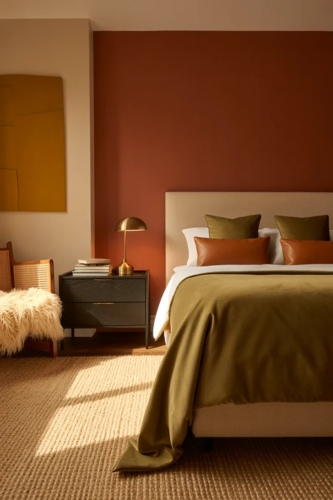 Chambre cosy moderne aux tons terracotta et vert olive avec textures luxueuses