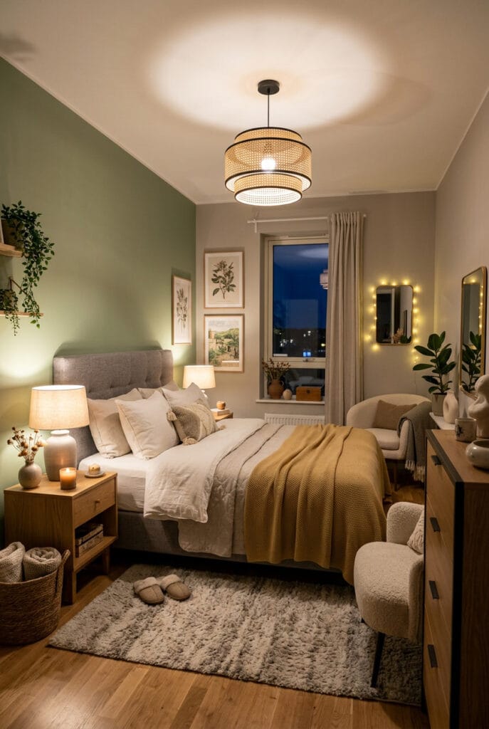 Chambre cosy éclairée par une lampe de chevet, une guirlande lumineuse et une lueur dorée chaleureuse