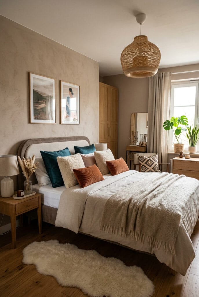 Chambre cosy avec coussins en satin et mohair, descente de lit en fausse peau de mouton