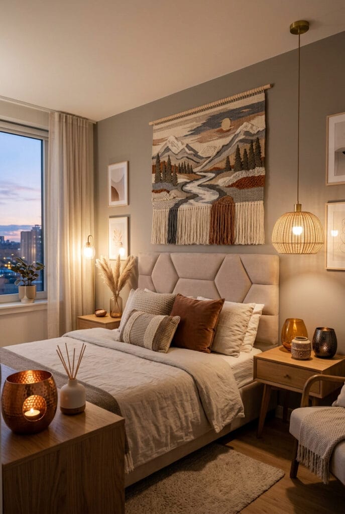 Chambre cosy avec tableau tissé main et photophores en céramique pour une décoration chaleureuse