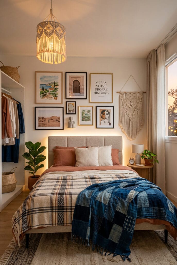 Chambre cosy avec plaid berbère, mur de cadres asymétriques et suspension macramé bohème