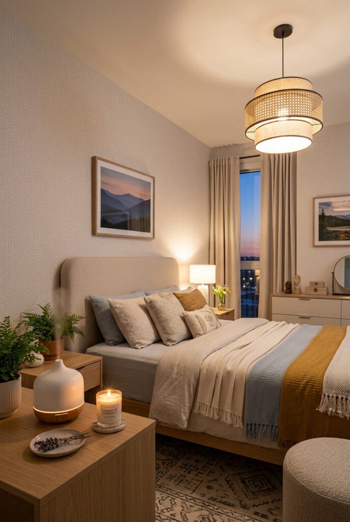 Chambre cosy avec diffuseur d'huiles essentielles et bougies parfumées à la cire de soja