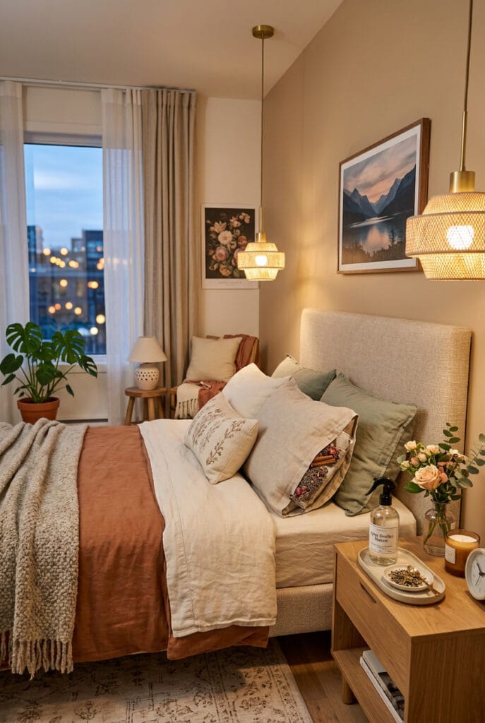 Chambre cosy avec sachet de lavande fait maison et spray d'oreiller pour un sommeil apaisant