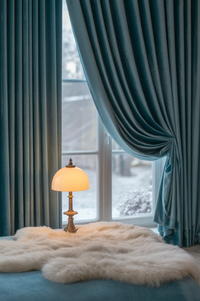 Chambre cosy avec rideaux velours bleu paon et tapis en laine bouclée épaisse