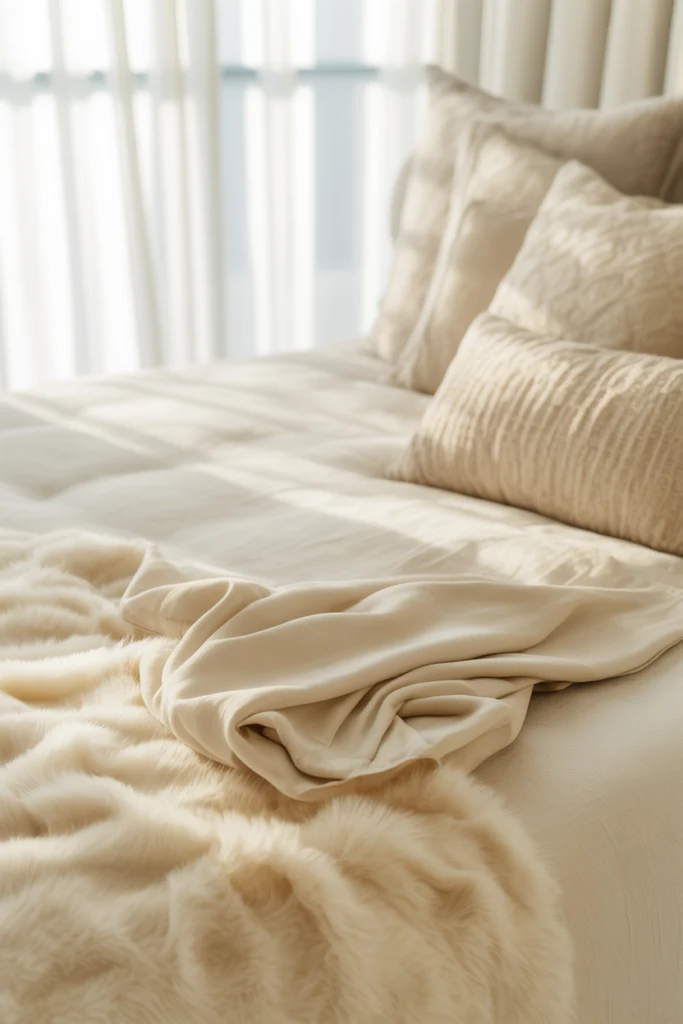 Chambre cosy avec superposition de textures : percale, mousse mémoire et cachemire