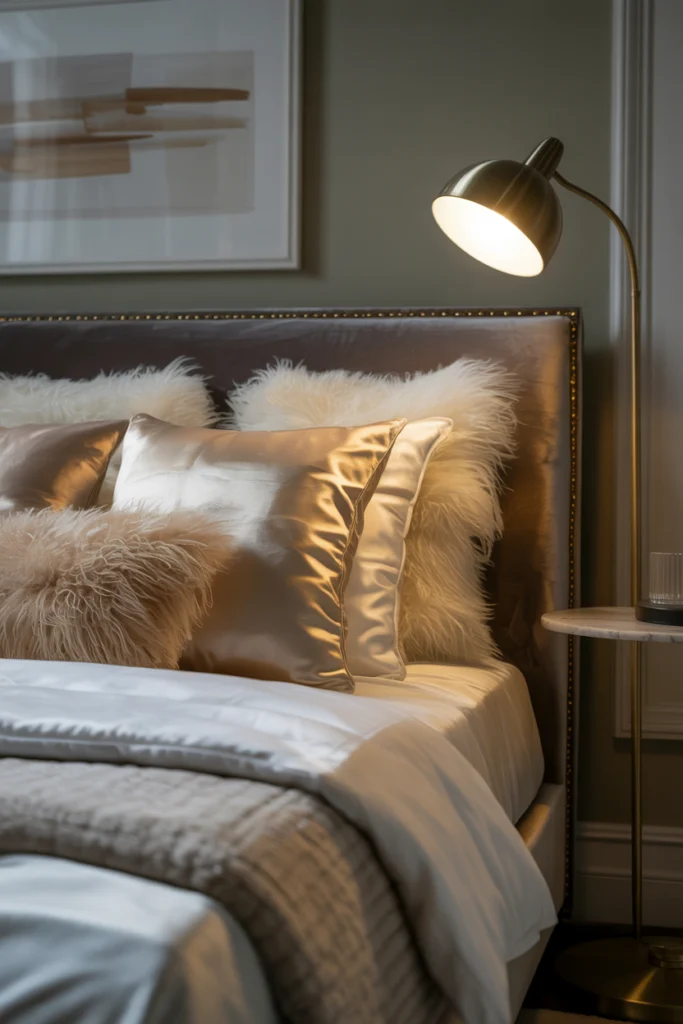 Chambre cosy avec contrastes tactiles : satin, mohair et velours