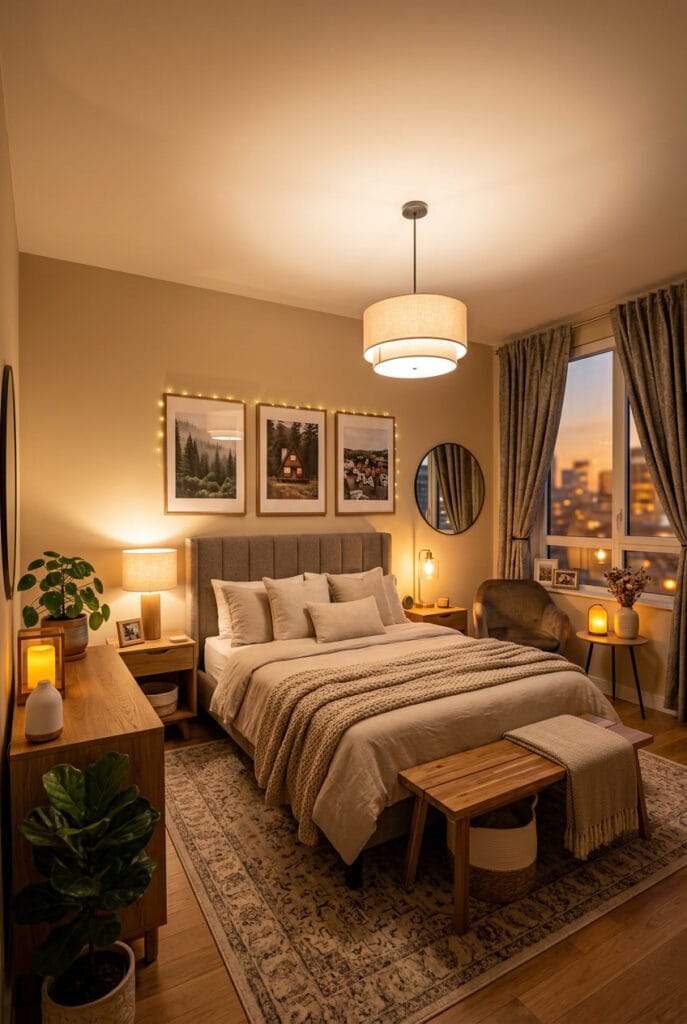 Chambre cosy avec bougies LED, lanterne et abat-jour en lin diffusant une lumière douce et intime