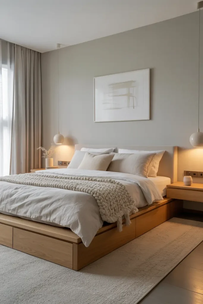 Chambre cosy moderne avec lit à rangements intégrés et tables de chevet murales
