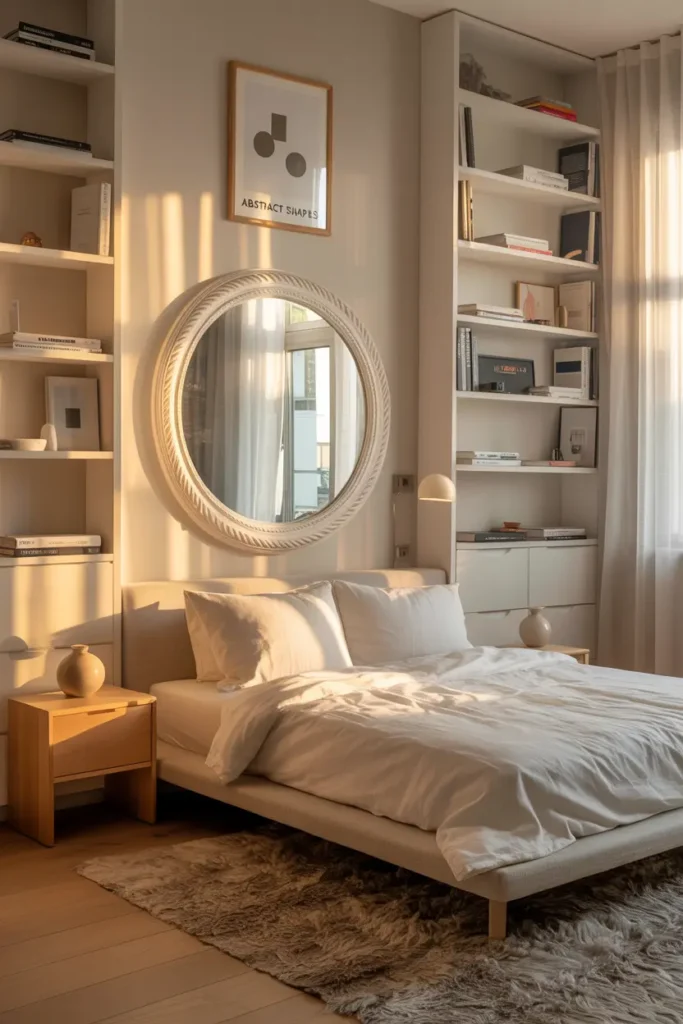 Chambre cosy scandinave avec bibliothèques latérales et miroir central
