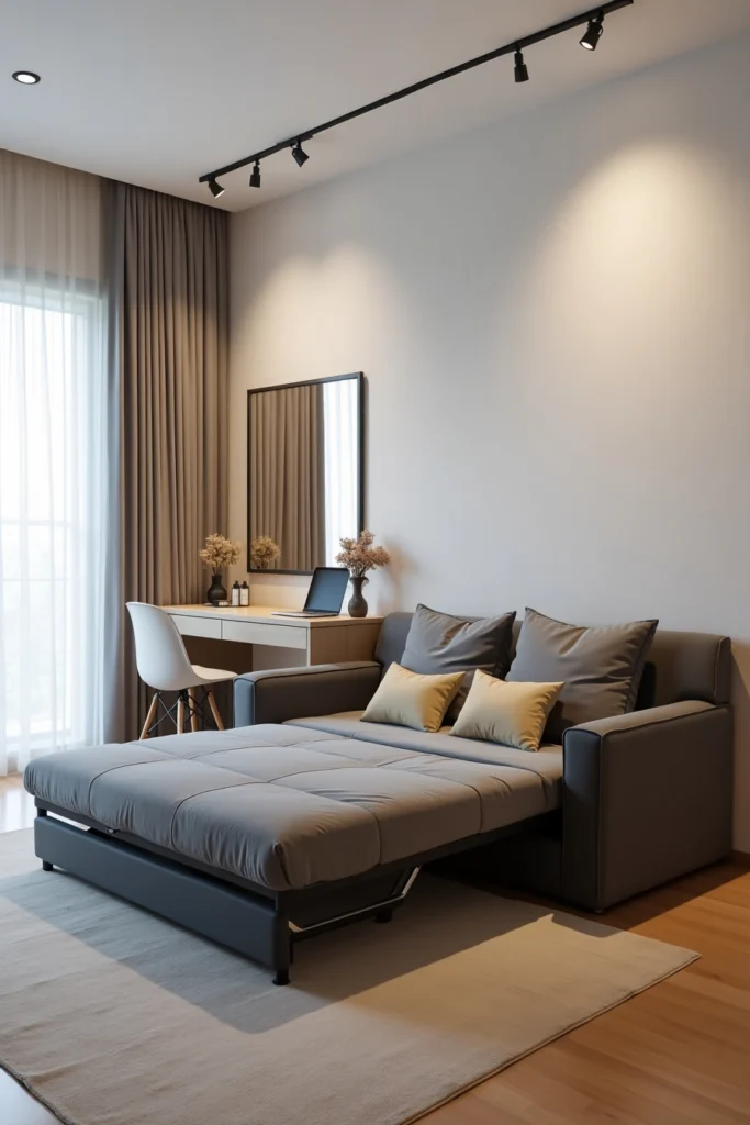 Chambre cosy moderne avec canapé-lit design et coiffeuse bureau multifonction