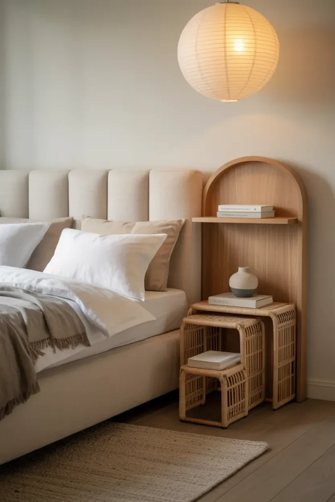 Chambre cosy japandi avec tête de lit rangement, tables gigognes et pouf coffre