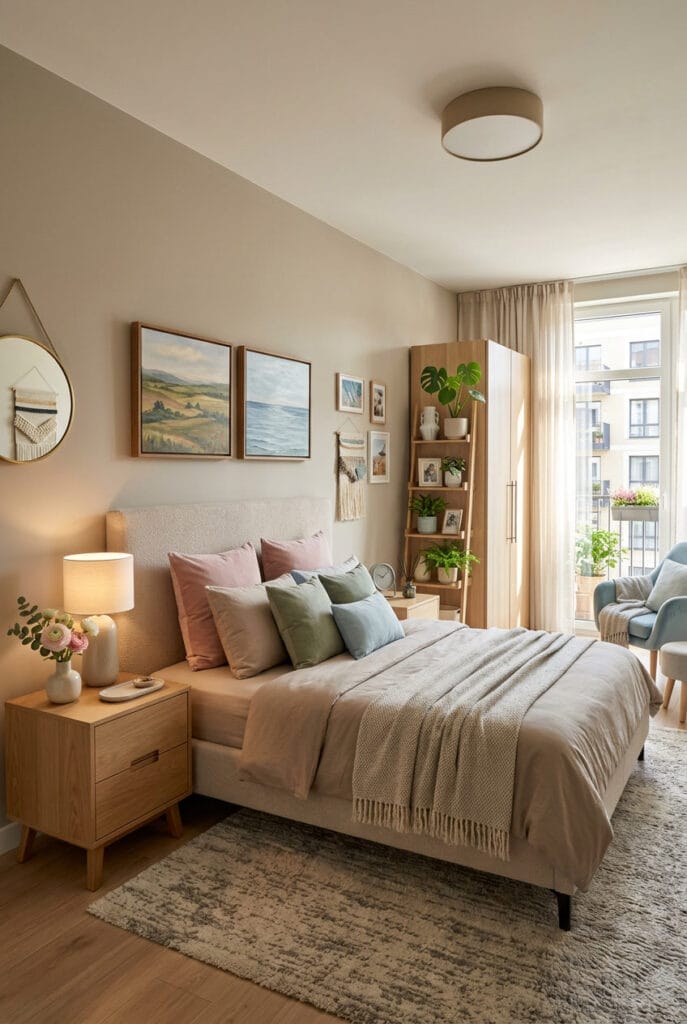 Chambre cosy aux tons neutres chauds, beige, taupe et gris clair, avec touches pastel apaisantes