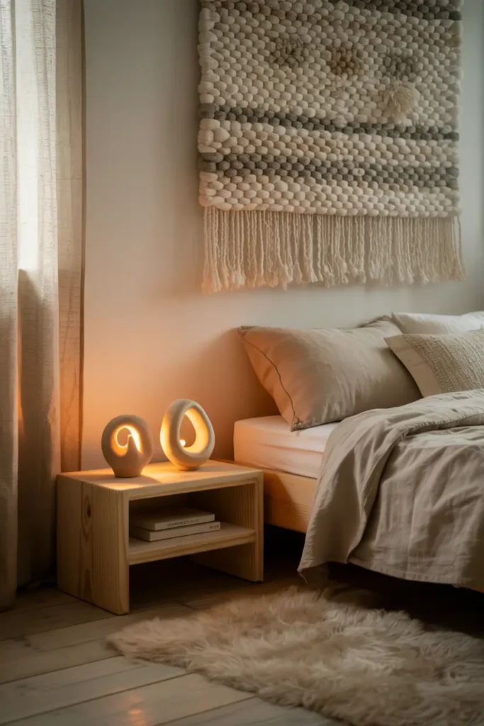 Chambre cosy avec tableau tissé main et photophores artisanaux dans un style scandinave.