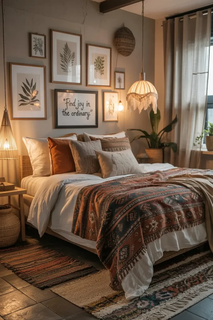 Chambre cosy avec couvertures ethniques, mur de cadres et suspension macramé.