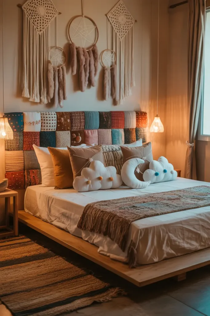 Chambre cosy avec tête de lit customisée, attrape-rêves moderne et coussins originaux DIY