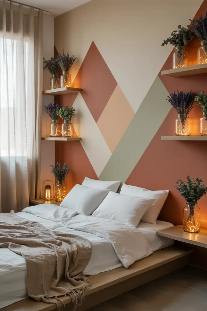 Chambre cosy avec fresque murale géométrique et luminaires en bocaux recyclés