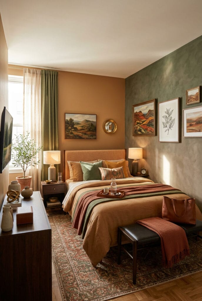Chambre cosy aux tons terreux, terracotta et vert mousse, avec mur caramel et accessoires en cuir brun