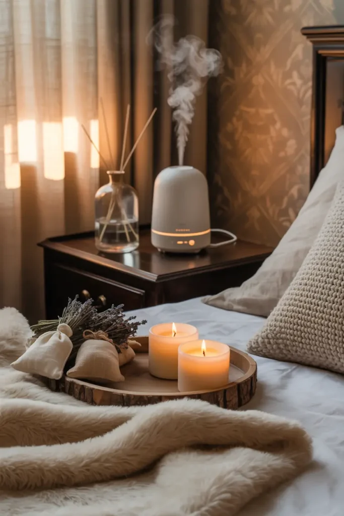 Chambre cosy avec accessoires d'aromathérapie pour une ambiance parfumée