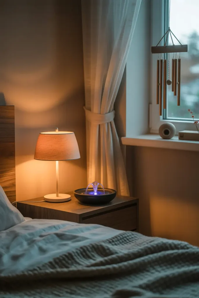 Chambre cosy avec fontaine d'eau et carillons pour ambiance sonore apaisante