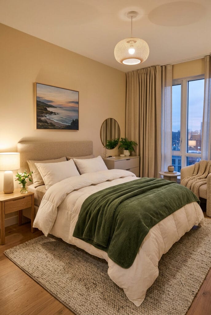 Chambre cosy avec couette en duvet d'oie et couvre-lit en velours côtelé