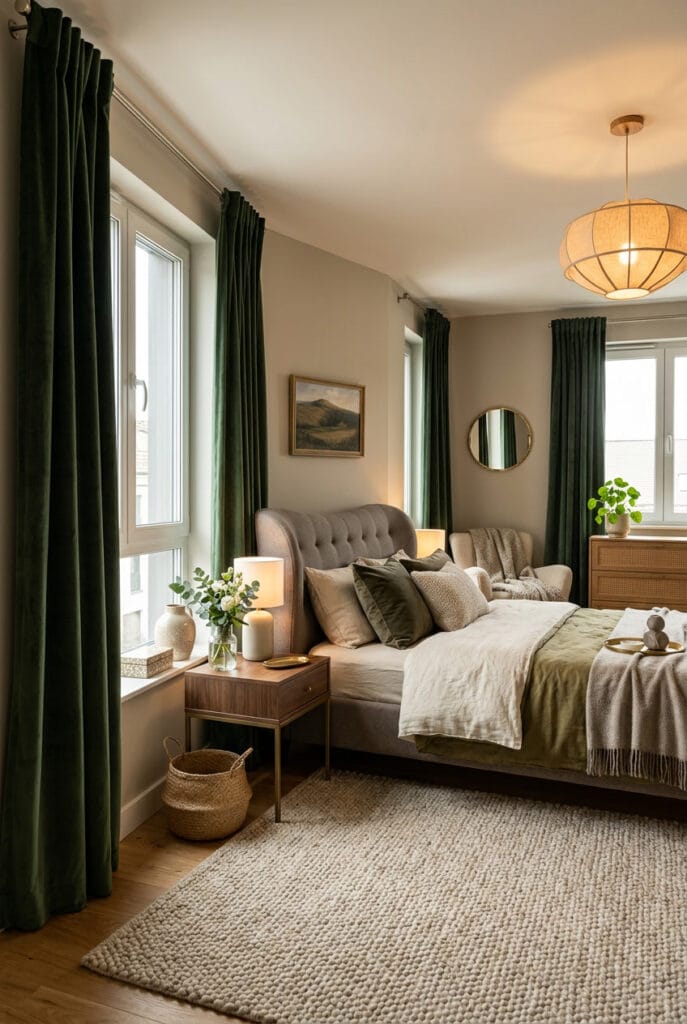 Chambre cosy avec rideaux en velours épais et tapis en laine bouclée pour une ambiance feutrée