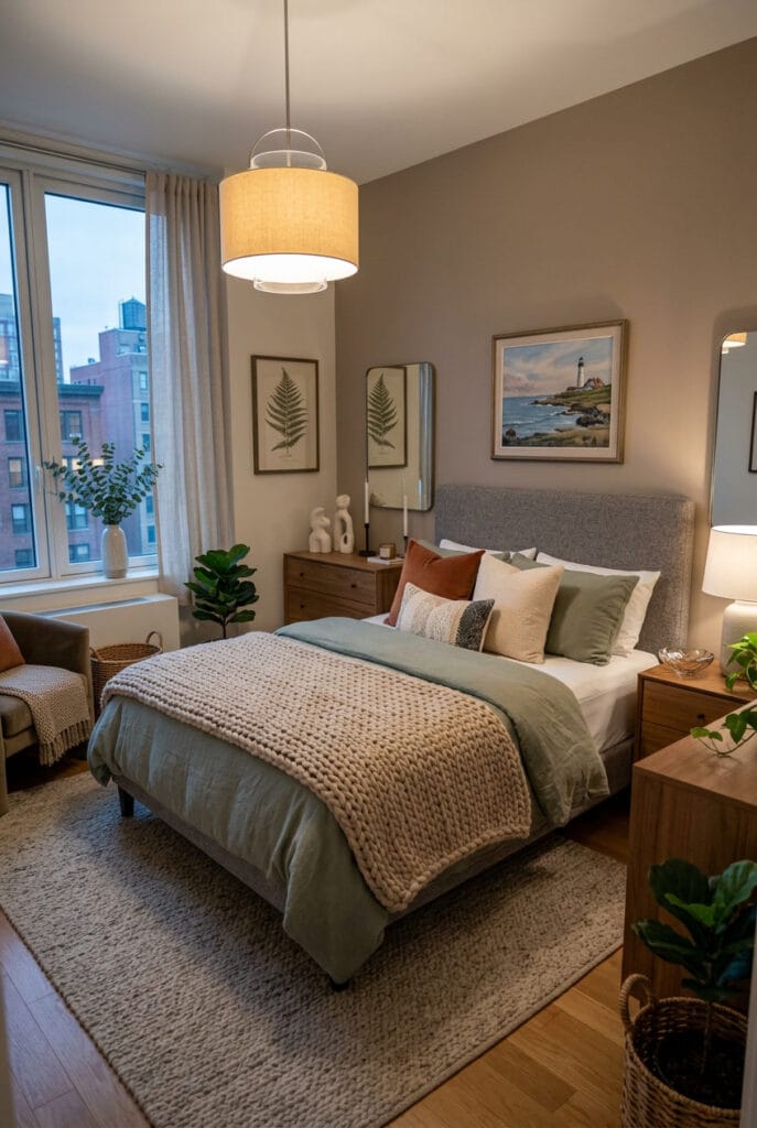 Chambre cosy avec protège-matelas en coton percale et surmatelas en mousse à mémoire de forme