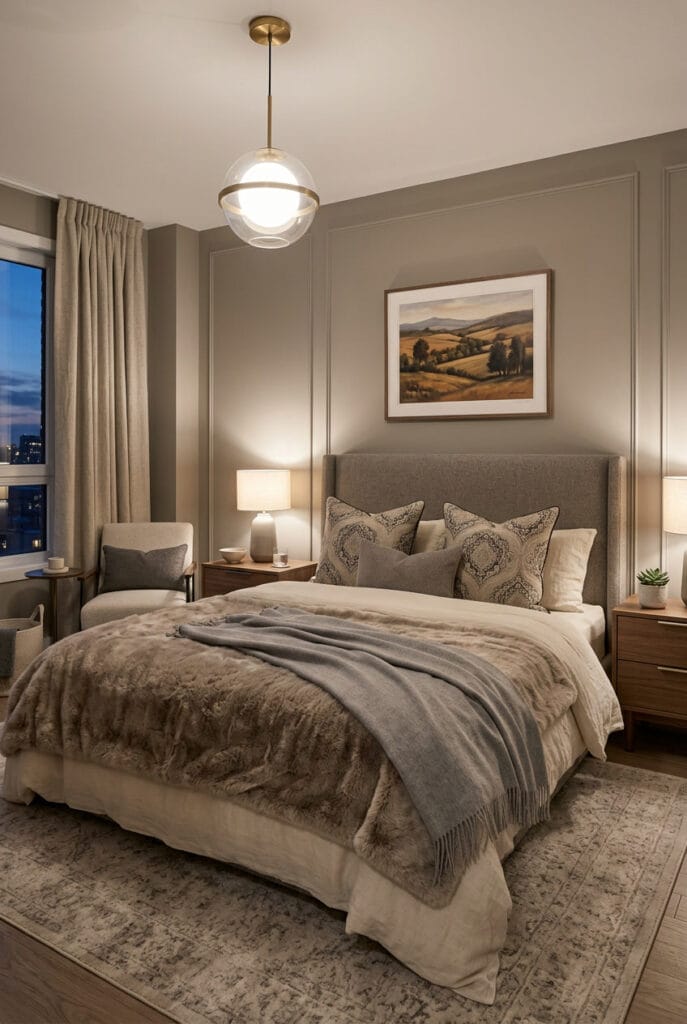 Chambre cosy avec jeté en cachemire, plaid en fausse fourrure et mélange de motifs jacquard et lin