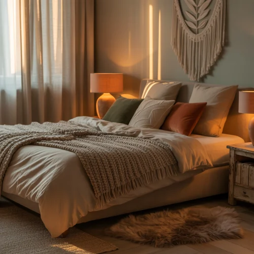 Chambre cosy avec literie moelleuse, éclairage chaud et textures douillettes dans des tons neutres et terreux.