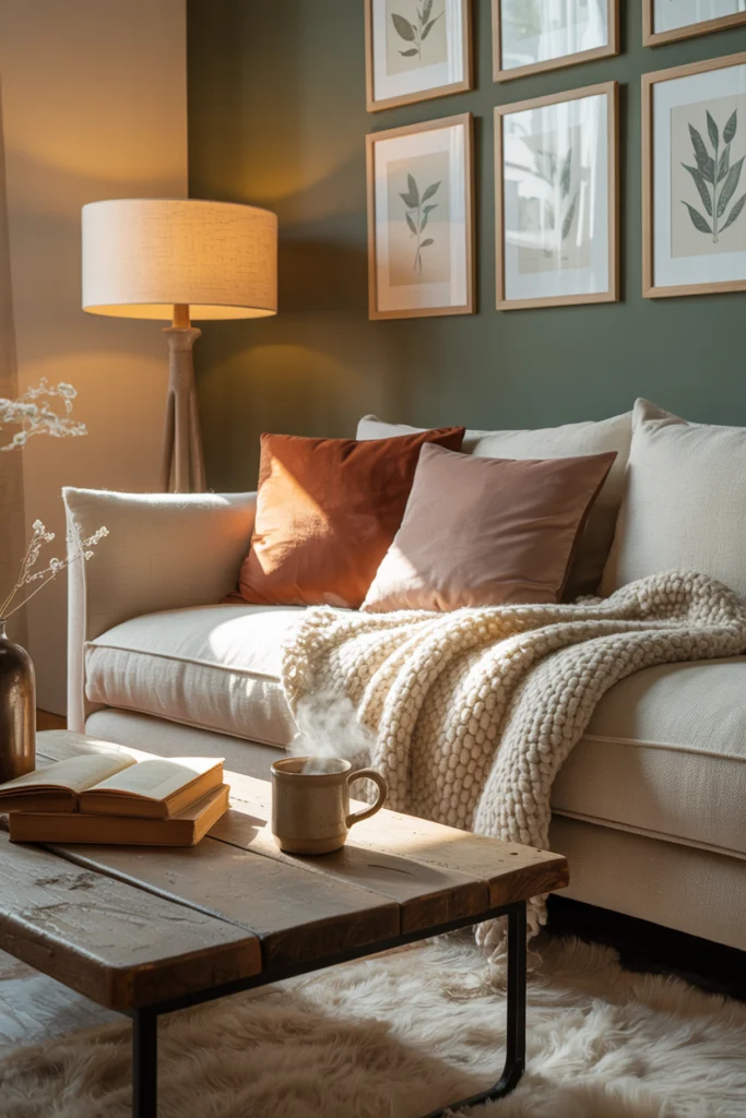 Salon cocooning aux tons neutres chauds, textures douces et ambiance apaisante