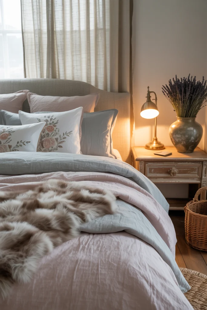Chambre cocooning aux dégradés gris perle et rosé, ambiance romantique et douce