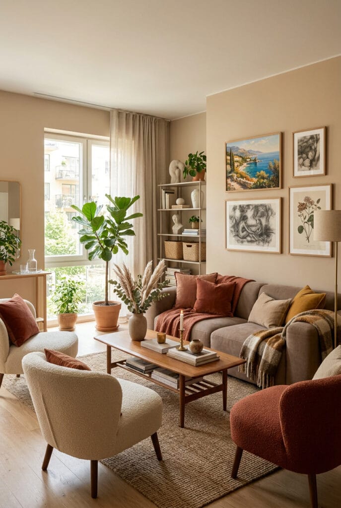 Palette de couleurs cocooning : murs beige, coussins taupe et terracotta