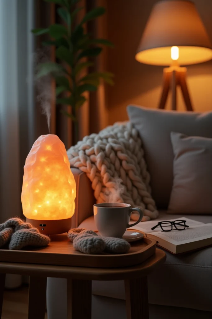 Rituel cocooning du soir avec lampe en sel, tisane et plaid douillet