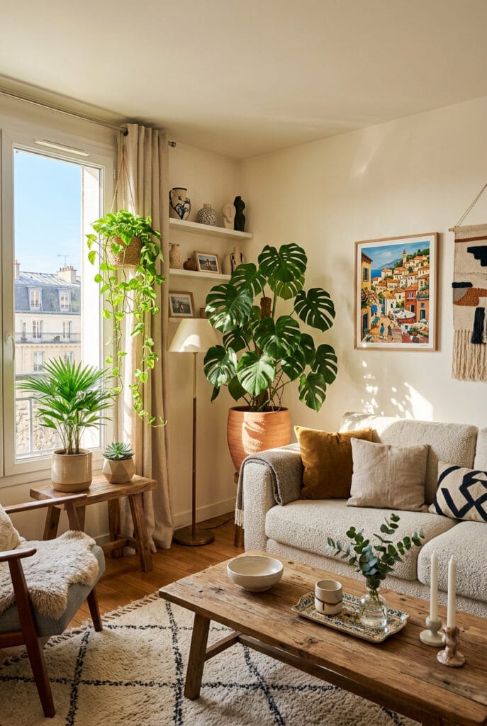Plantes vertes cocooning : monstera, palmier nain et pothos retombant
