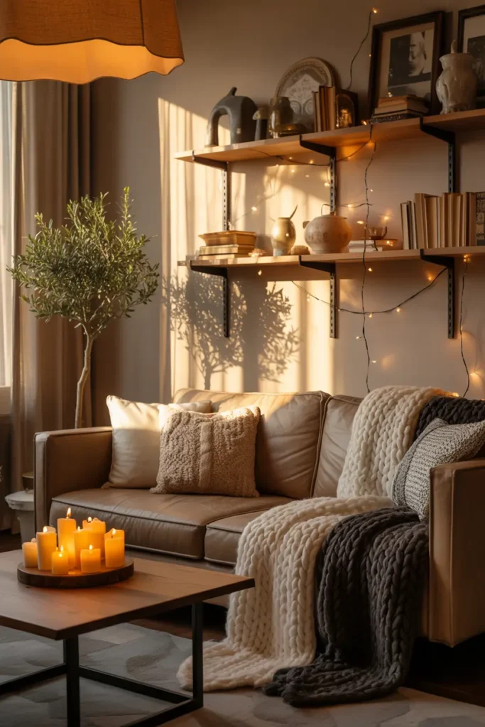 Ambiance cocooning au salon avec éclairage doux et lumières tamisées créant une atmosphère enveloppante