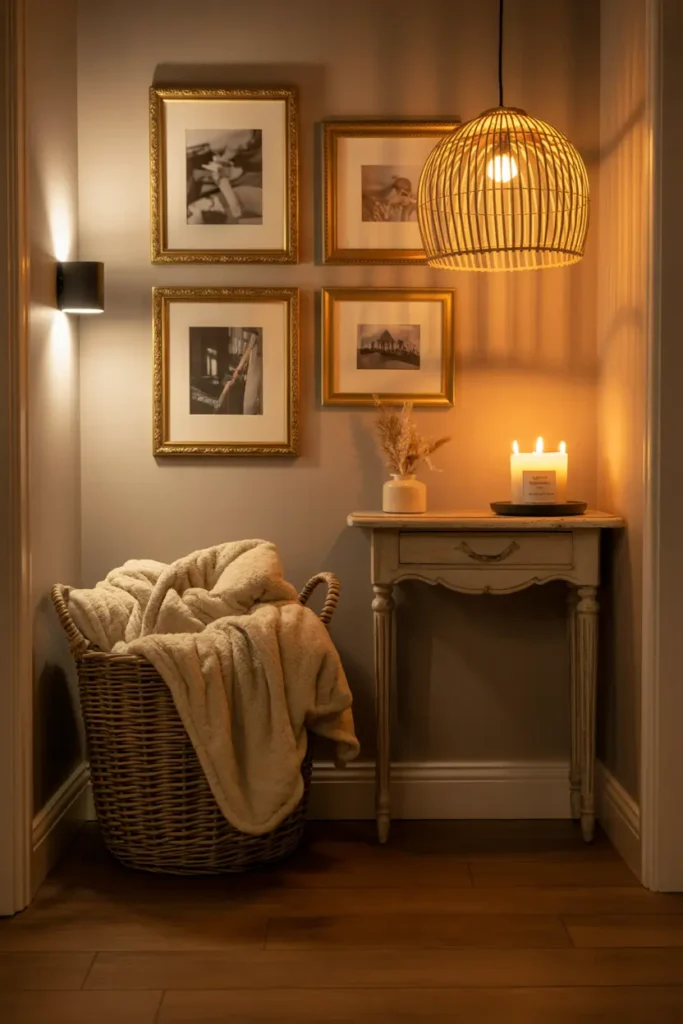 Couloir cocooning illuminé par des veilleuses créant une ambiance apaisante et accueillante