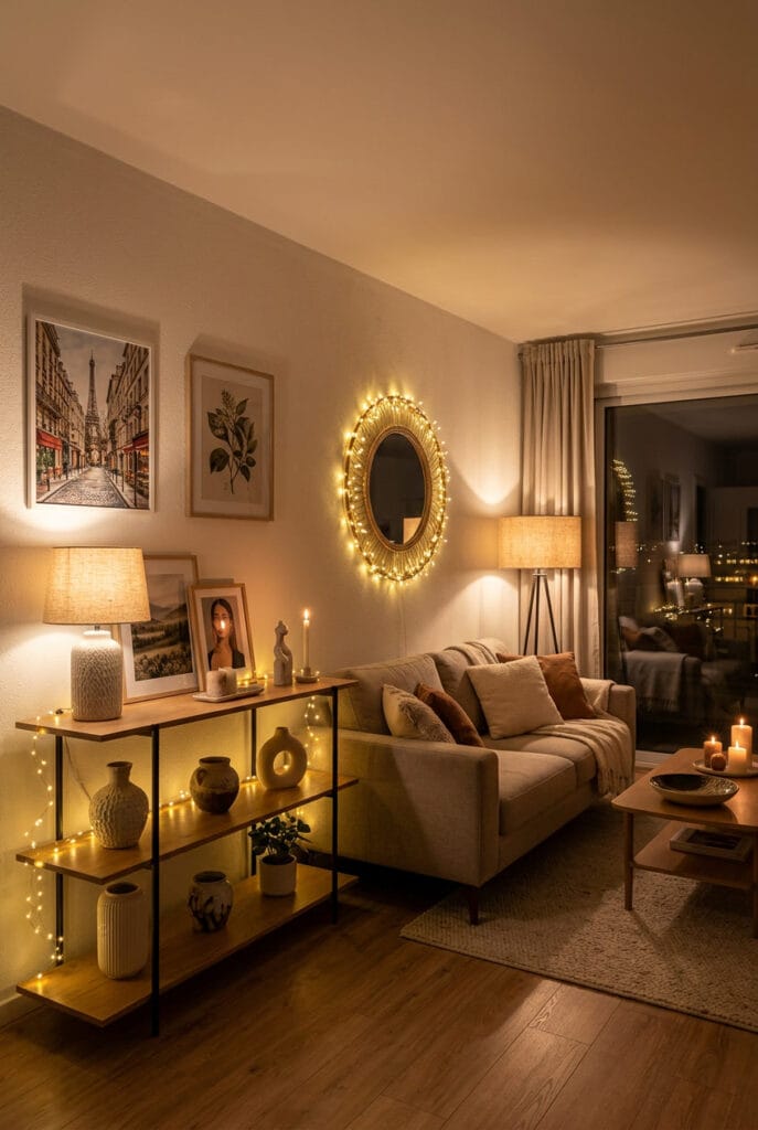 Lumières tamisées cocooning : lampe à abat-jour et guirlande lumineuse