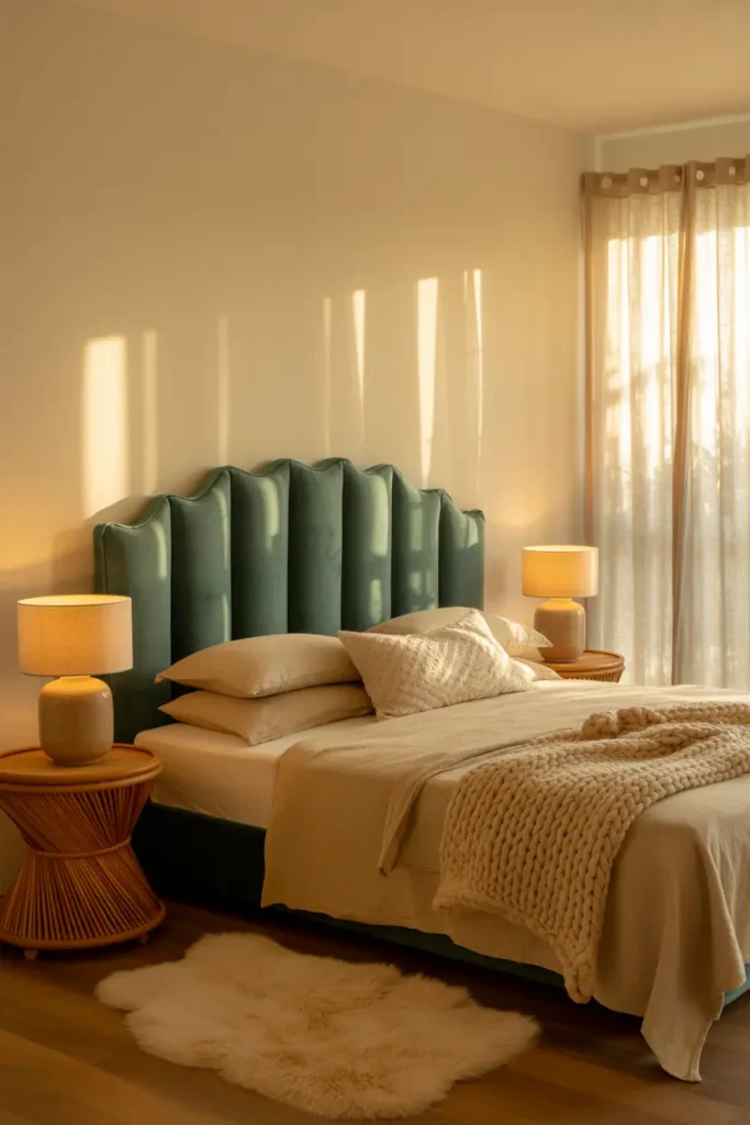 Chambre cocooning avec matières douces et naturelles créant une ambiance enveloppante