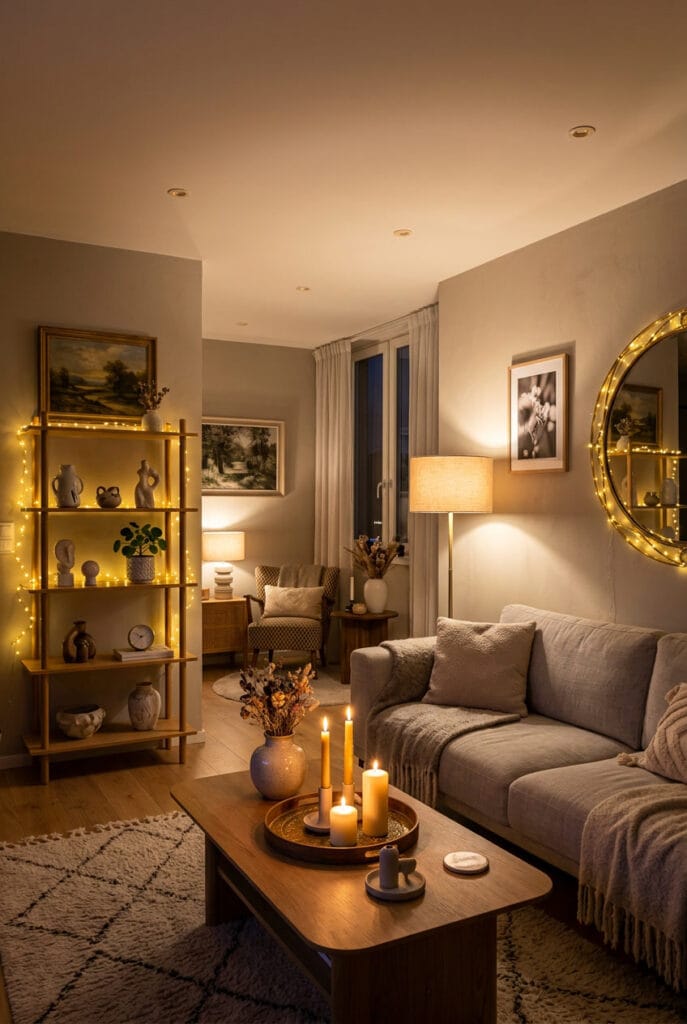Bougies allumées sur plateau, ambiance cocooning relaxante