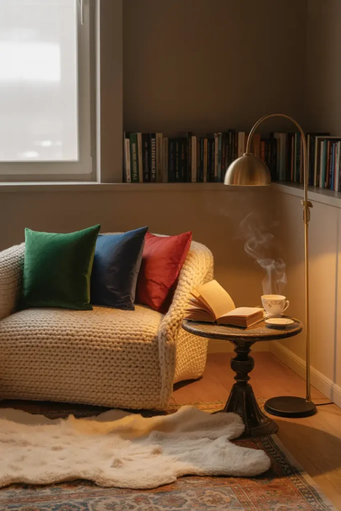 Coin lecture cocooning délimité dans un salon avec fauteuil moelleux et éclairage doux