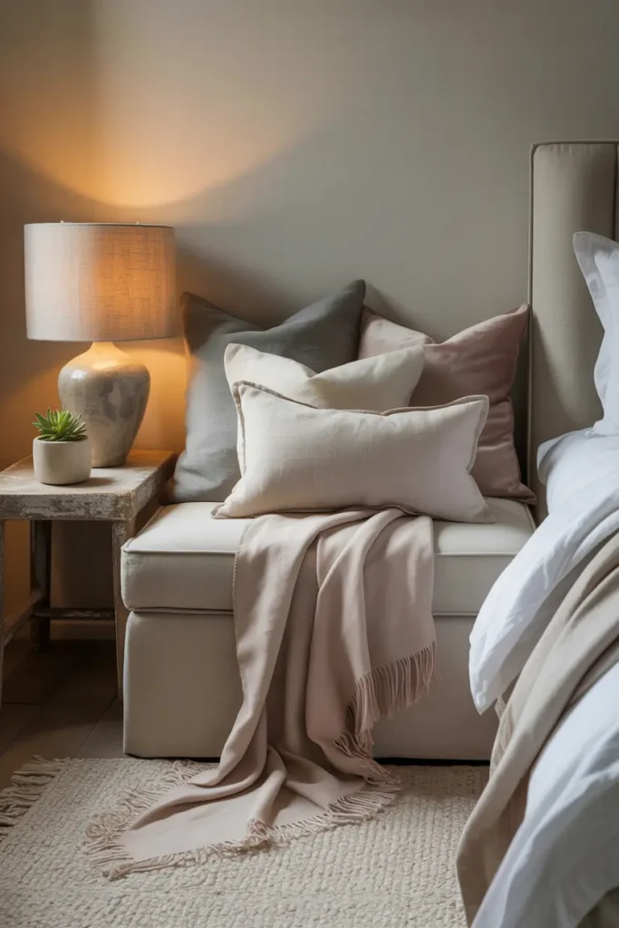 Zone cocooning dans une chambre avec banquette moelleuse et coussins douillets