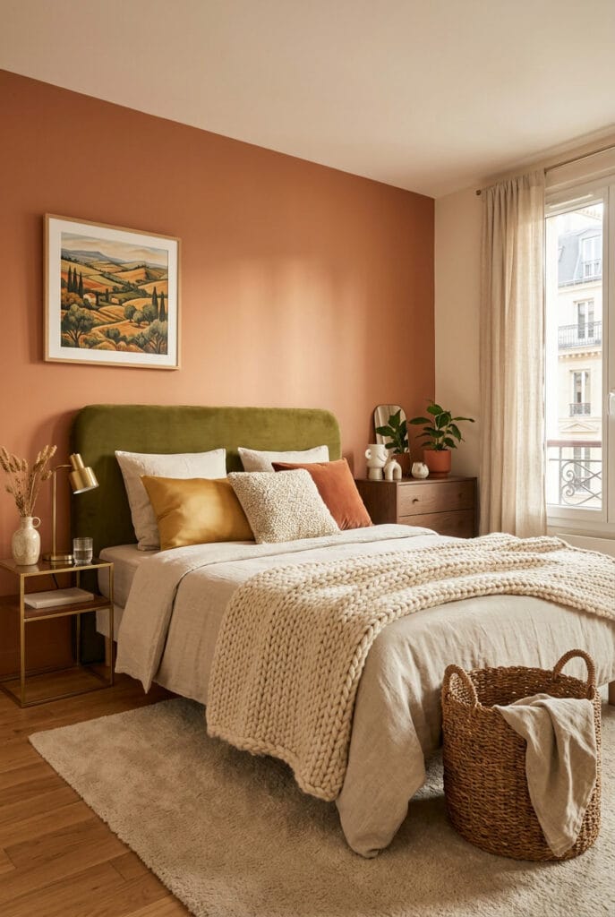 Matières douces cocooning : plaid en laine, tête de lit en velours et panier en osier