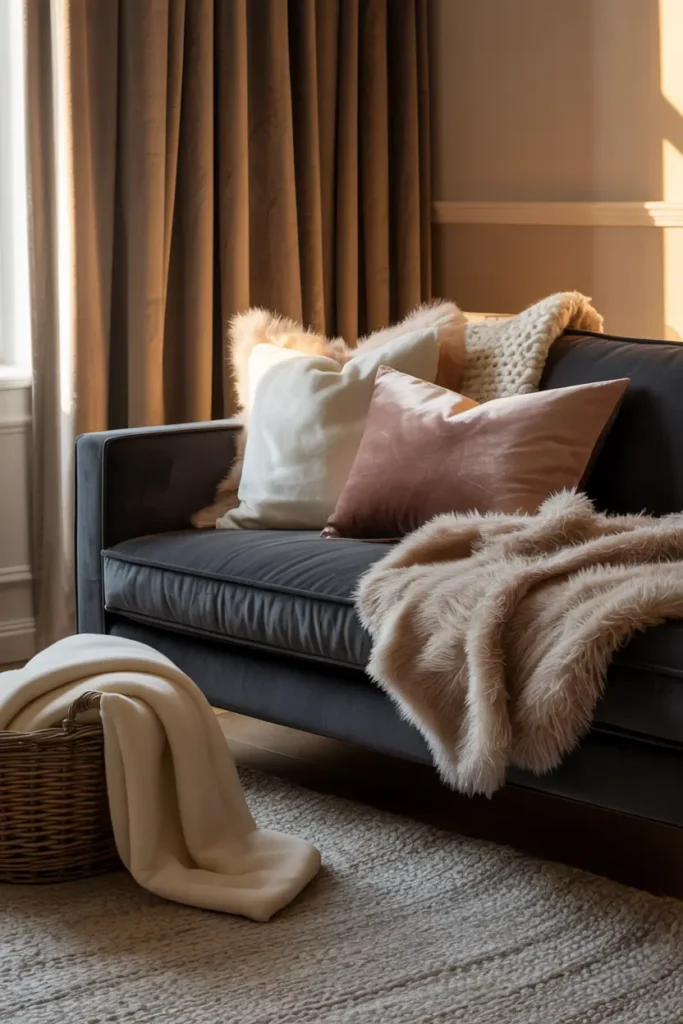 Salon cocooning avec textiles douillets et superpositions de textures pour une ambiance chaleureuse