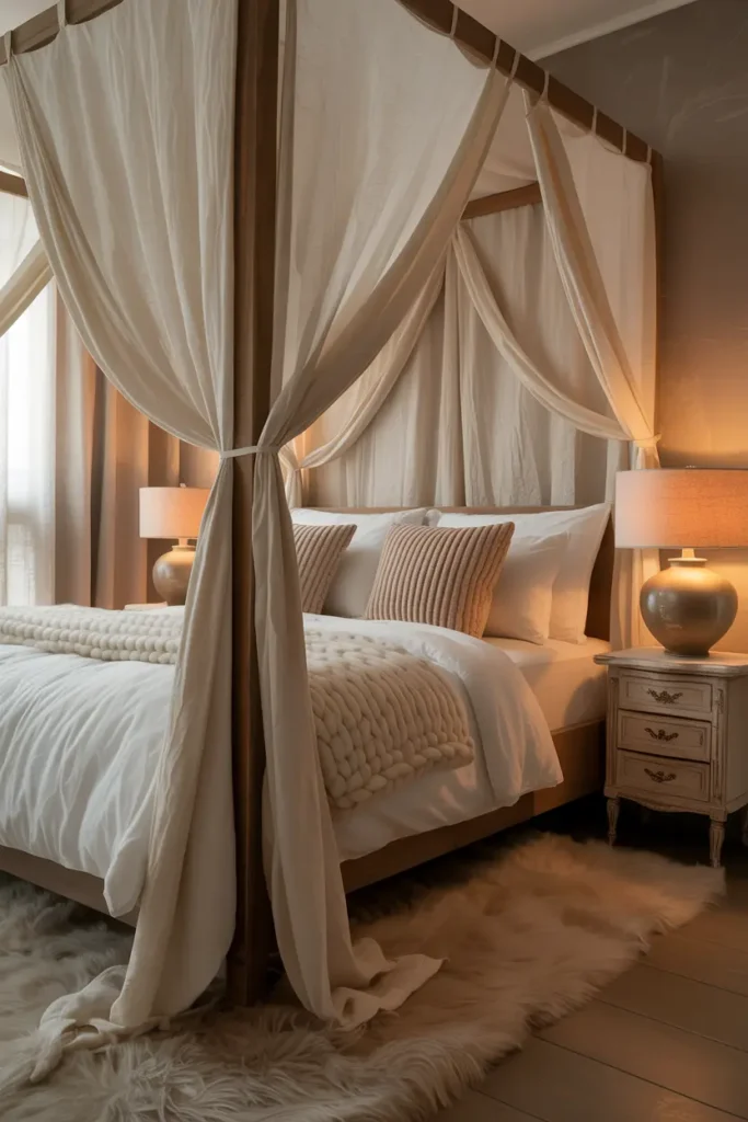 Chambre cocooning avec ciel de lit en mousseline et textiles haut de gamme
