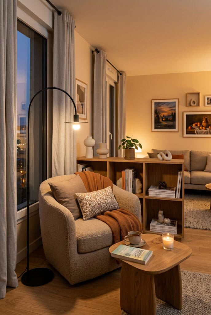 Coin lecture cocooning avec fauteuil profond près de la fenêtre