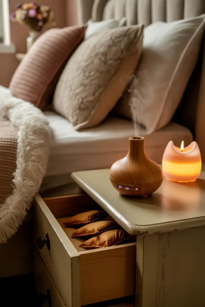 Chambre cocooning avec diffuseur à la lavande, bougie vanille-cannelle et sachets parfumés en bois de santal.