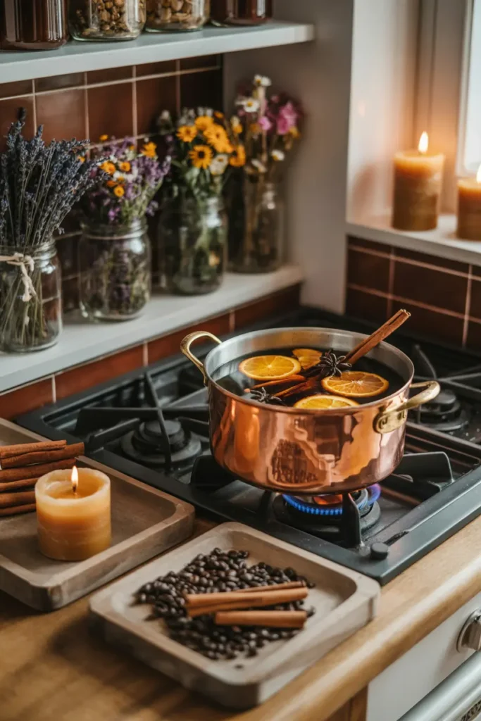 Cuisine cocooning avec pot-pourri maison mijotant, bougies et grains de café pour une ambiance parfumée.